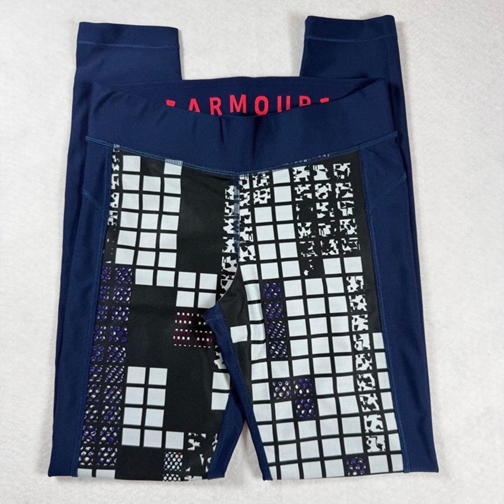 Under Armour HeatGear Compression Leggings Medium Navy Blue Geometric Grid Print - Picture 7 of 11